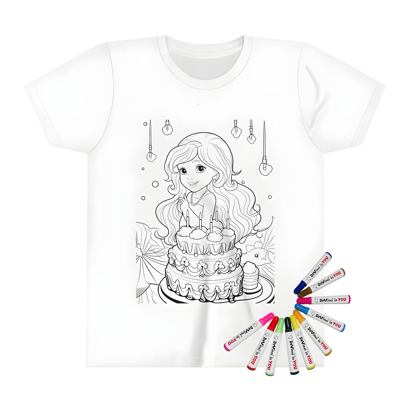 Kid's birthday party t-shirt with colorful design featuring smiling girl and layered cake with candles