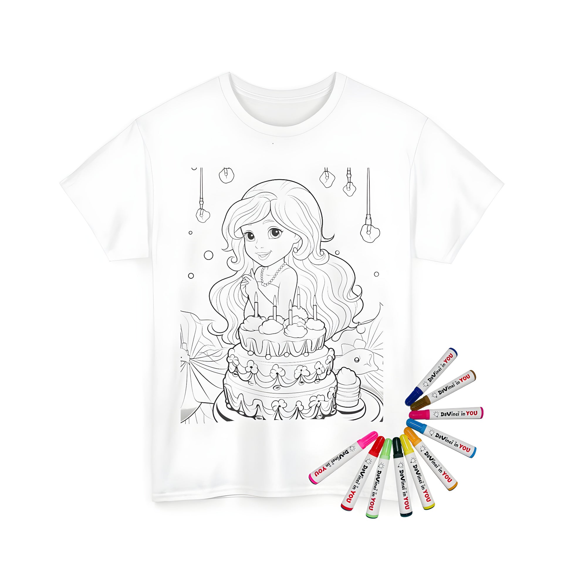 Unisex t-shirt for kids and adults with birthday cake coloring page design, perfect for kids' party supplies