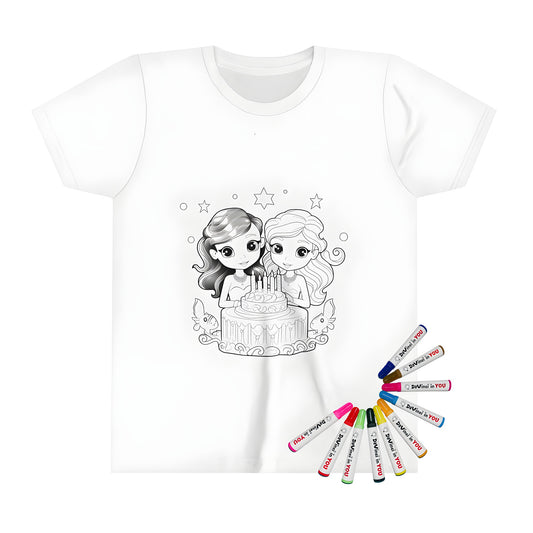 Kid's t-shirt with colorful birthday party design for kids, featuring two girls celebrating with cake and candles surrounded by stars and cute animals.