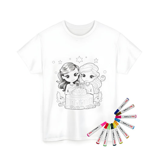 Unisex t-shirt with colorful birthday celebration design featuring two girls surrounded by stars and playful animal figures.