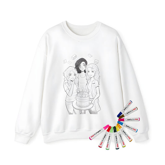 Adult sweatshirt with vibrant birthday party coloring page design, featuring three girls celebrating with cake and candles