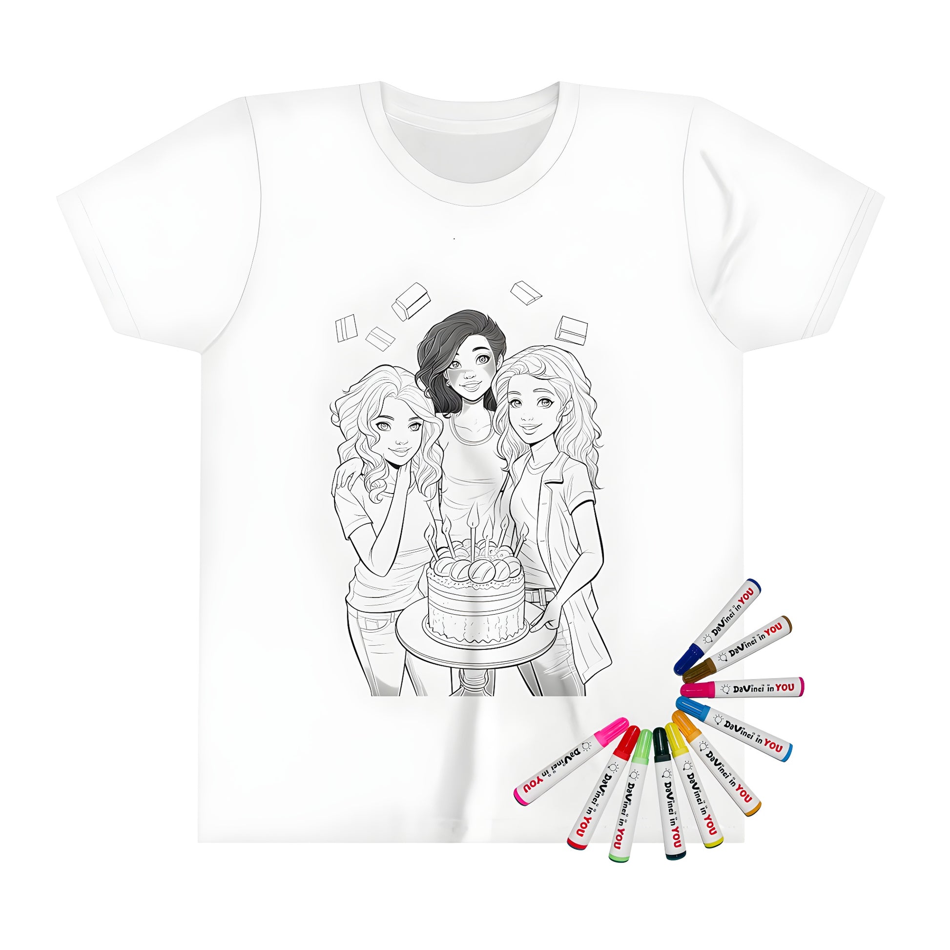 Girls birthday celebration coloring page on kid's t-shirt. Gift ideas for kids' birthdays.