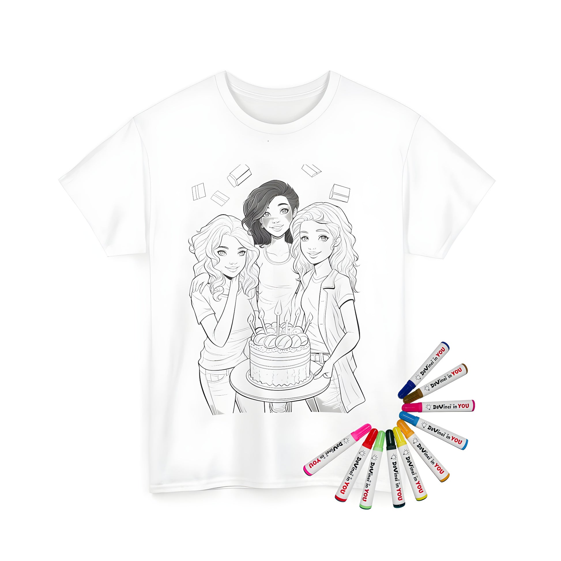 Unisex t-shirt featuring colorful birthday celebration design with three happy girls, cake and candles