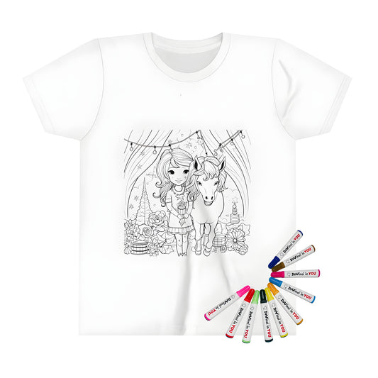 Kid's t-shirt featuring a colorful design of a young girl standing with her horse, holding a gift, surrounded by flowers and festive decorations. Perfect for kids who love friendship, companionship, and animals.