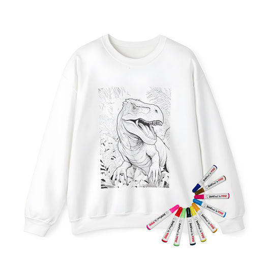 Adult sweatshirt featuring a detailed black and white drawing of a roaring T-Rex, Dino, Prehistoric Beast, and Stegosaurus-inspired design surrounded by jungle foliage and flying creatures.