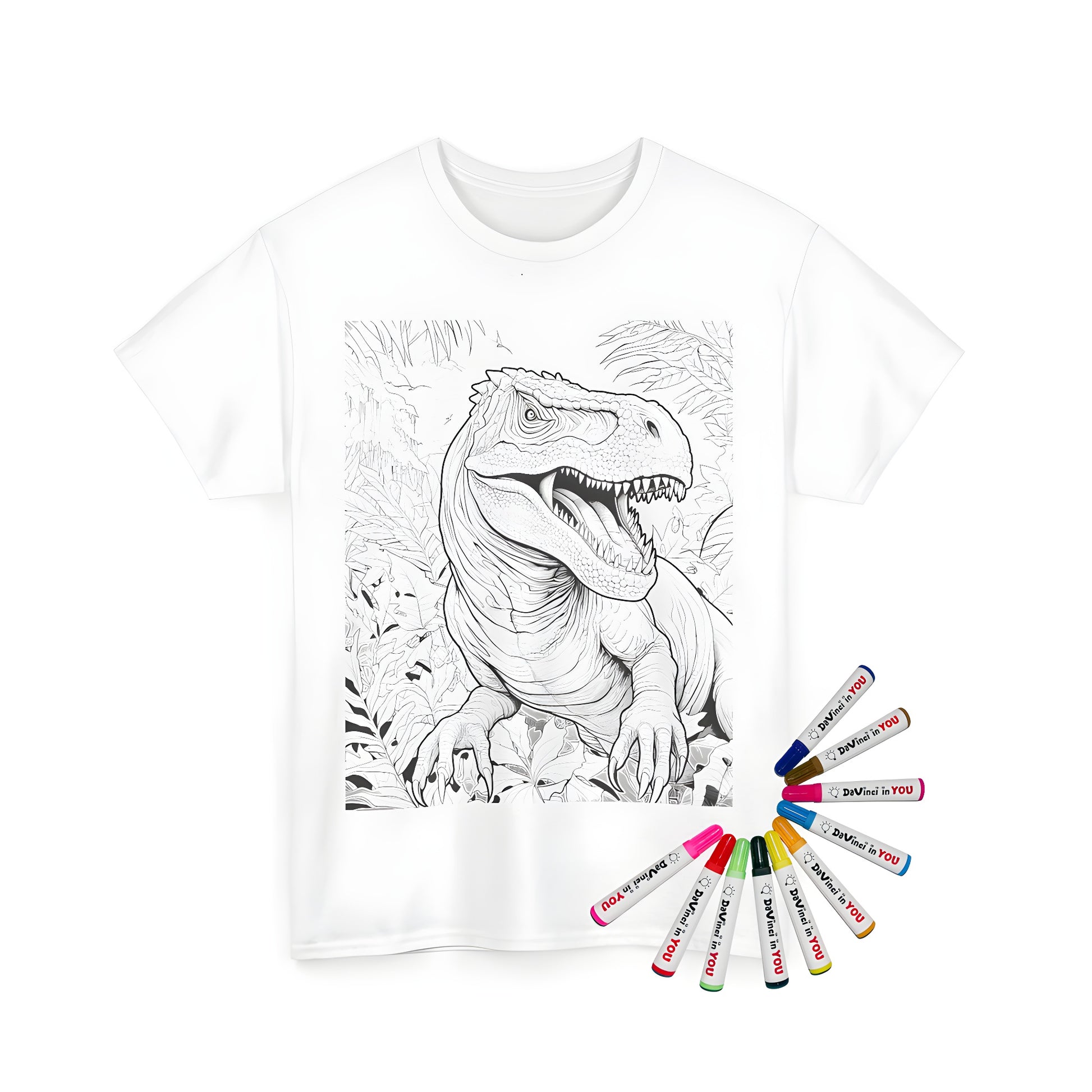 Tyrannosaurus Rex coloring page design printed on a high-quality Unisex T-shirt, perfect for dinosaur enthusiasts and fans of prehistoric creatures. Includes 10 vibrant fabric markers for endless creative expression.