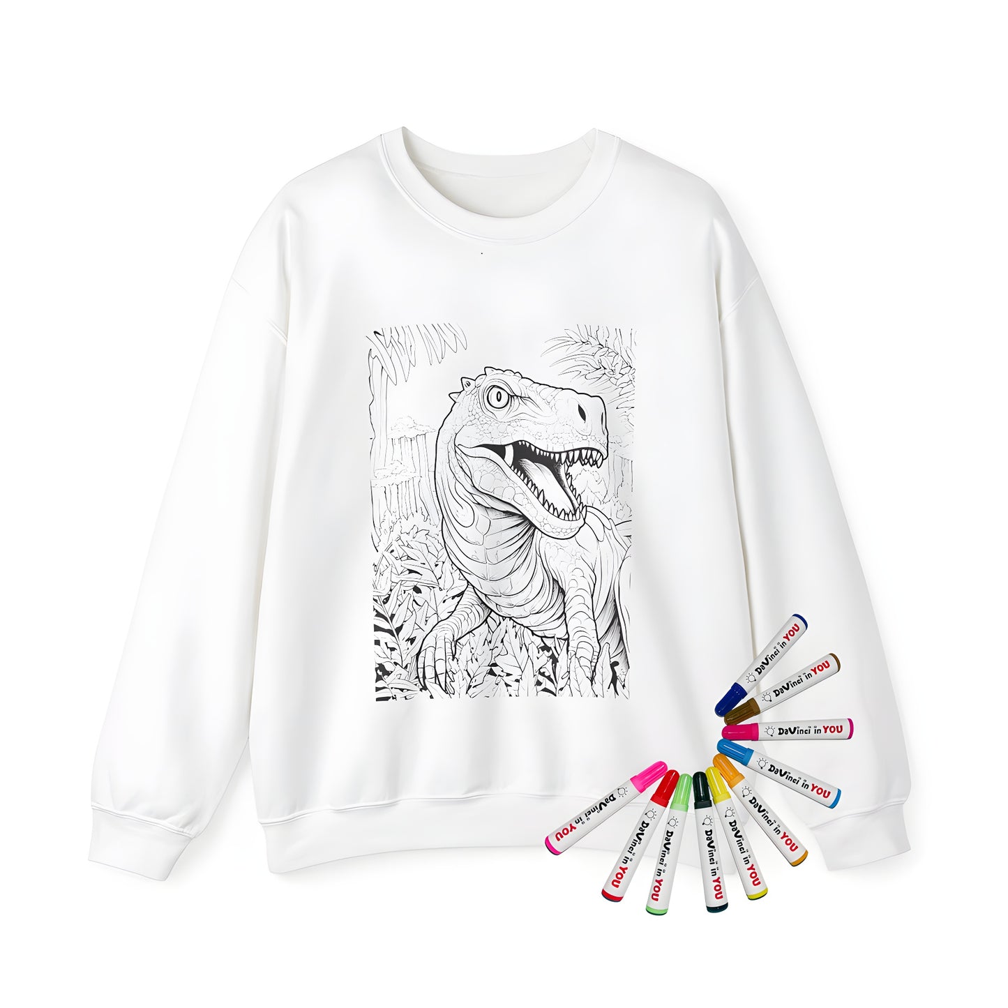 Adult sweatshirt featuring a colorful T-Rex, Apatosaur, and Stegosaurus in a jungle landscape