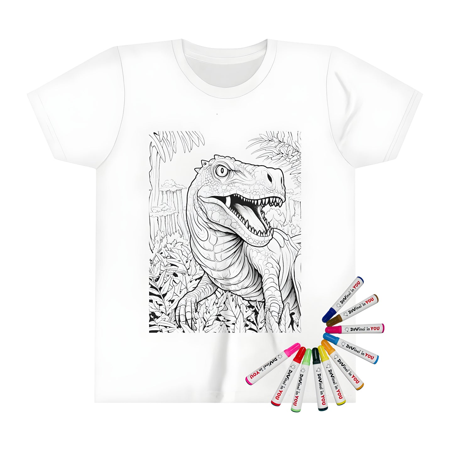 A kid's t-shirt with a fun and fierce T-Rex, Triceratops, or dinosaur design for kids, featuring a coloring page style illustration of a black and white sketch of a giant tyrannosaurus rex in a jungle environment, surrounded by green foliage