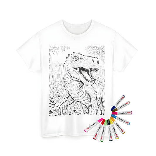 Adult and youth unisex t-shirt featuring a detailed black and white coloring page of a dinosaur, specifically a T-Rex illustration, surrounded by lush foliage in a jungle setting.