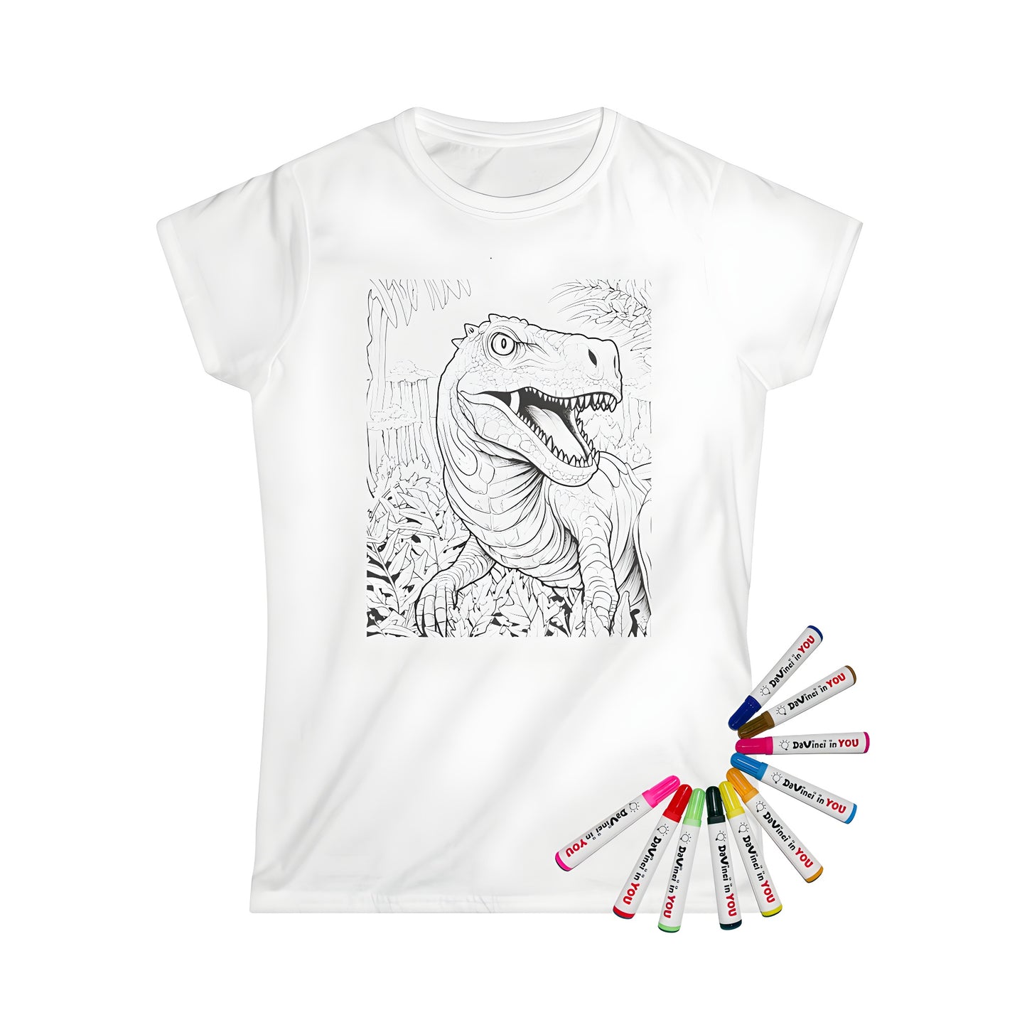 Women's T-shirt featuring a fierce dinosaur artwork from a coloring page design of a black and white sketch of a T-Rex in a jungle with dense foliage