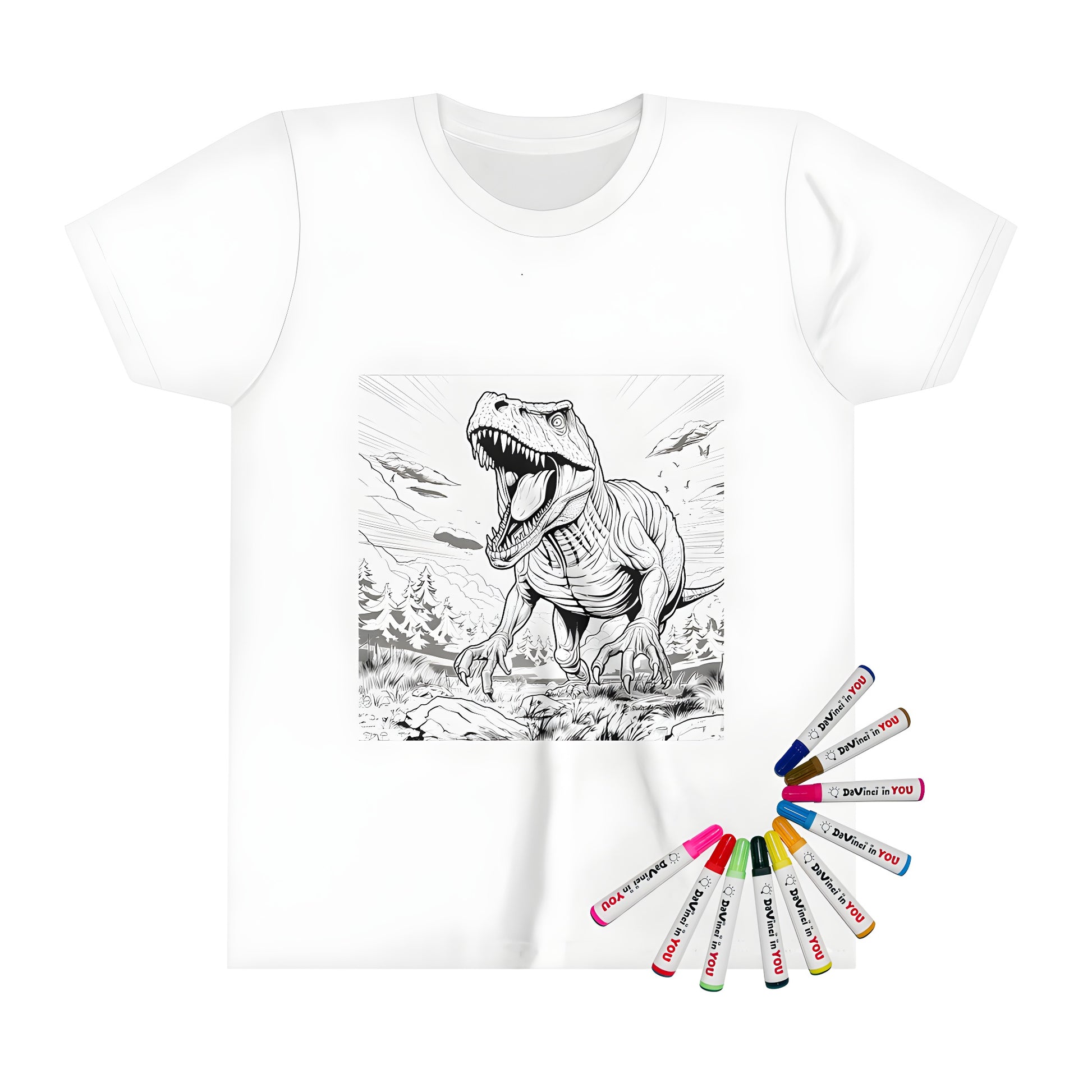 Dinosaur t-shirt for kids, kid's coloring page art on apparel, prehistoric creature design tee