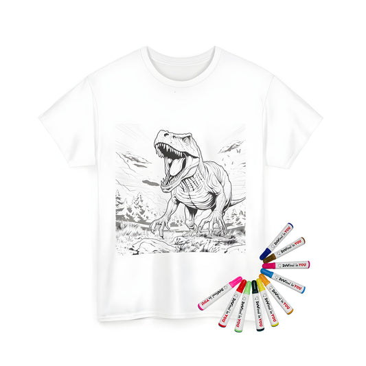 A Unisex T-shirt featuring a colorful and detailed illustration of a roaring King Rex amidst a prehistoric forest landscape with vibrant details.