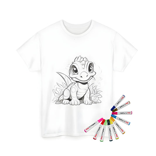 Unisex t-shirt with colorful baby dinosaur design, perfect for kids to color