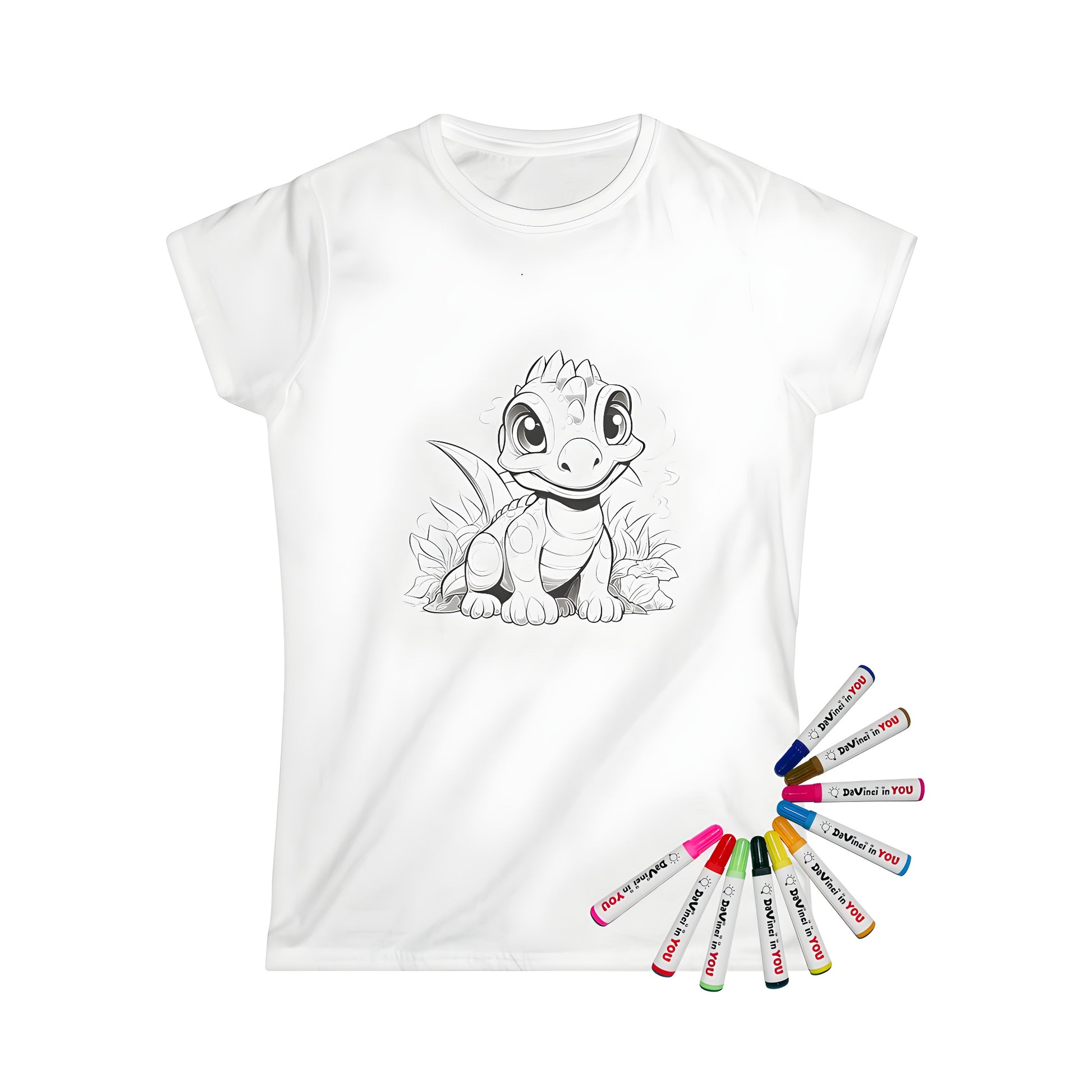 Women's t-shirt featuring a cute cartoon baby dinosaur illustration