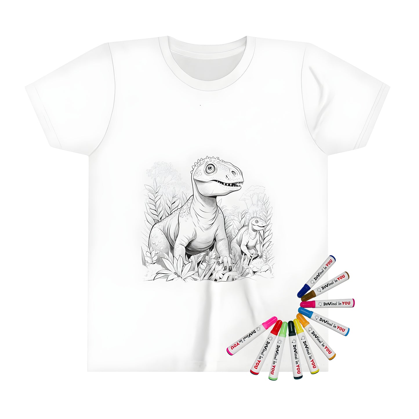 Coloring page-inspired kids t-shirt with vibrant dinosaurs and lush foliage, perfect for artistic youngsters. Dinosaur theme gift