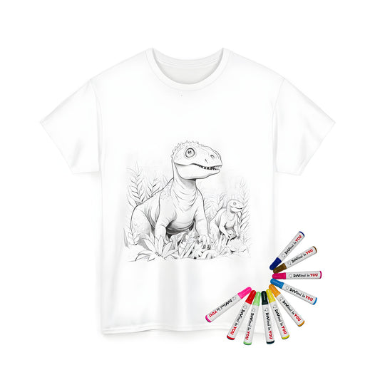 Coloring kit with prehistoric dinosaur illustrations on unisex t-shirts