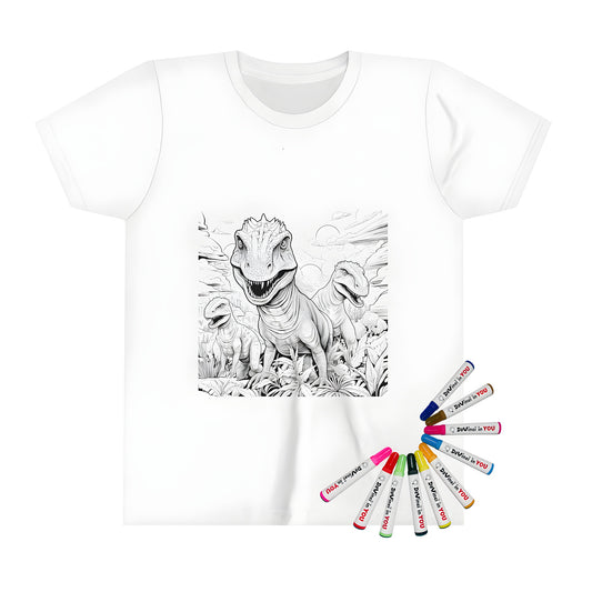 Colorful Kid's T-shirt featuring a fun and detailed illustration of dinosaurs, including Velociraptors, Spinosaurus, and Tyrannosaurus Rex in a prehistoric environment.