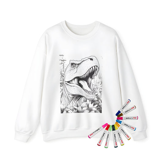 Adult coloring sweatshirt featuring a detailed T-Rex design with open mouth and lush foliage sketched in black and white. A fun and unique gift for dinosaur enthusiasts.