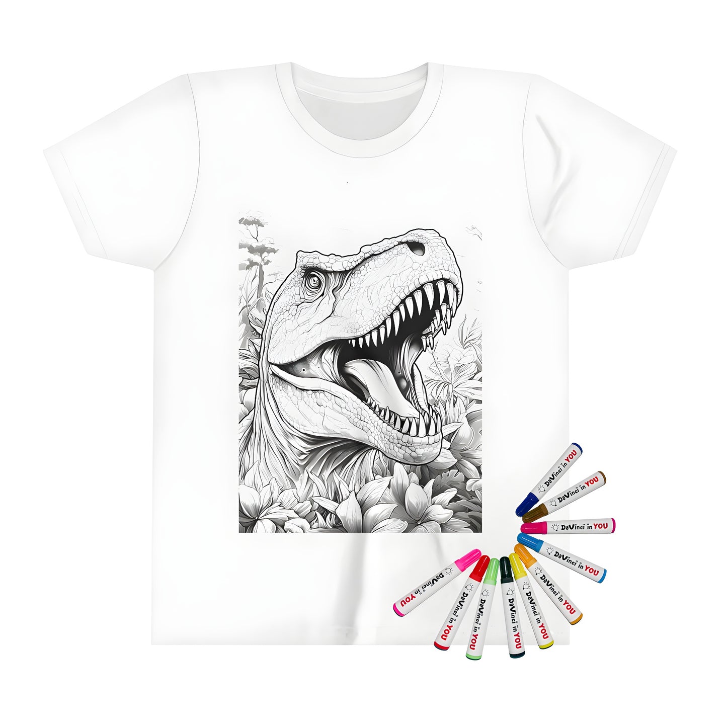 Kid's T-shirt with colorful Tyrannosaurus Rex design featuring a detailed dino face, lush greenery and vibrant fabric markers