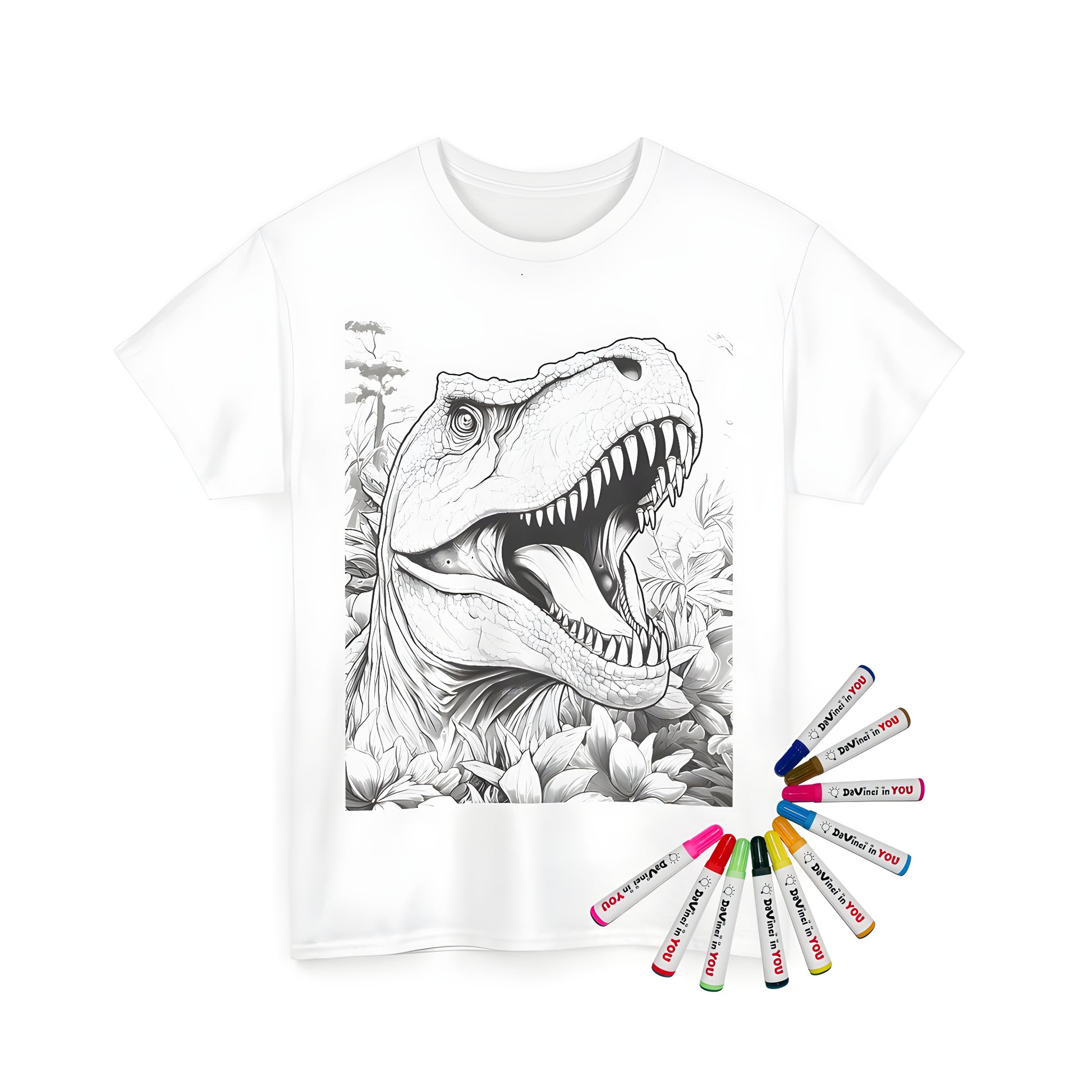 A detailed coloring page of a T-Rex, Triceratops alternative, with open mouth surrounded by lush foliage on a Unisex T-shirt