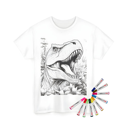 A detailed coloring page of a T-Rex, Triceratops alternative, with open mouth surrounded by lush foliage on a Unisex T-shirt