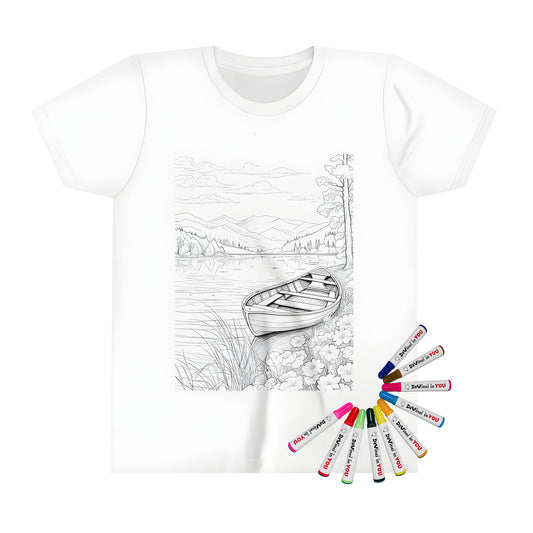 A serene lakeside scene Kids t-shirt coloring kit illustration of boat flowers trees and mountains design