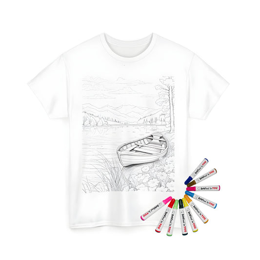 A serene lakeside scene coloring kit on a high-quality unisex t-shirt with detailed black and white sketch design featuring a peaceful mountain lake landscape with a boat, flowers, trees, and majestic mountains in the background. Perfect for nature lovers and art enthusiasts alike.