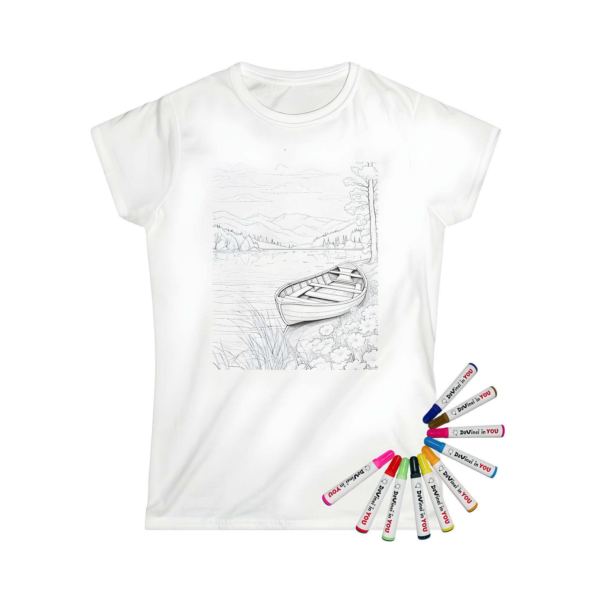 Women's t-shirt with a serene lakeside scene design featuring a boat, flowers, trees, and mountains in the background