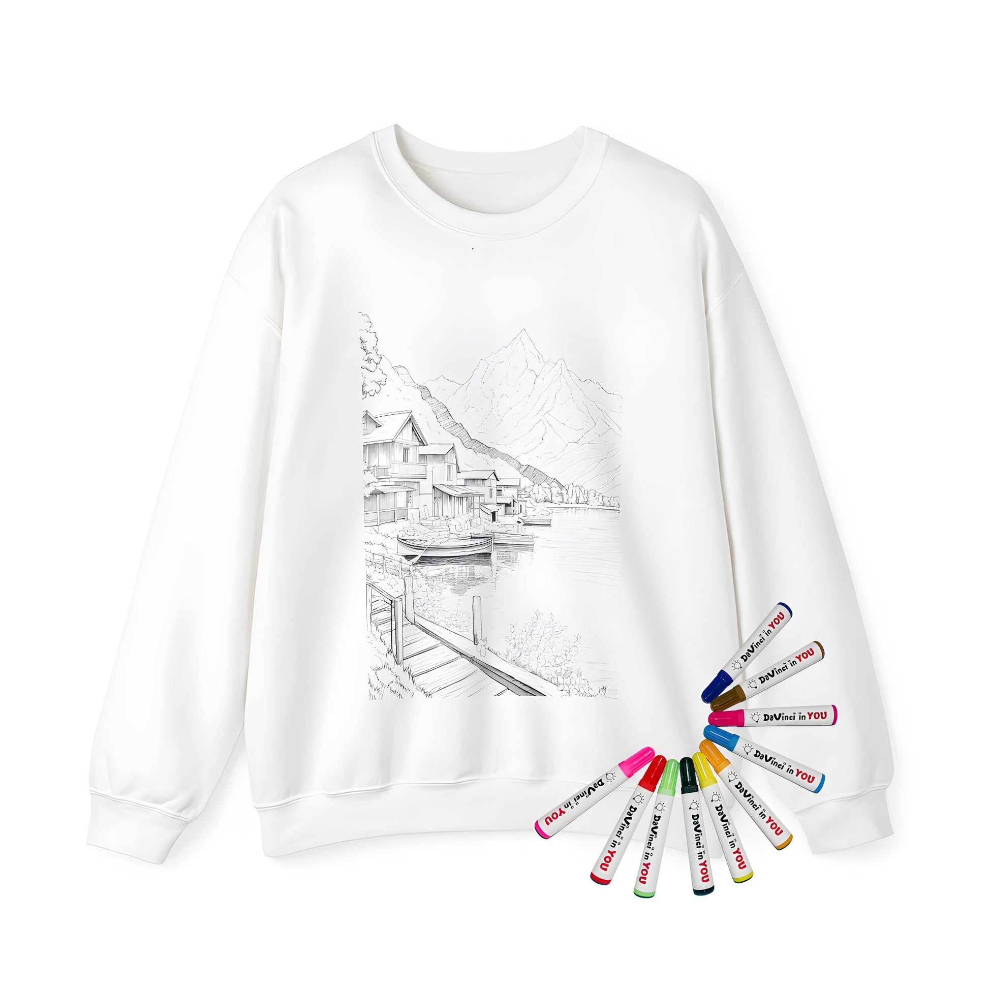 Adult Sweatshirt featuring serene lake landscape design with boats, dock, and majestic mountain backdrop.