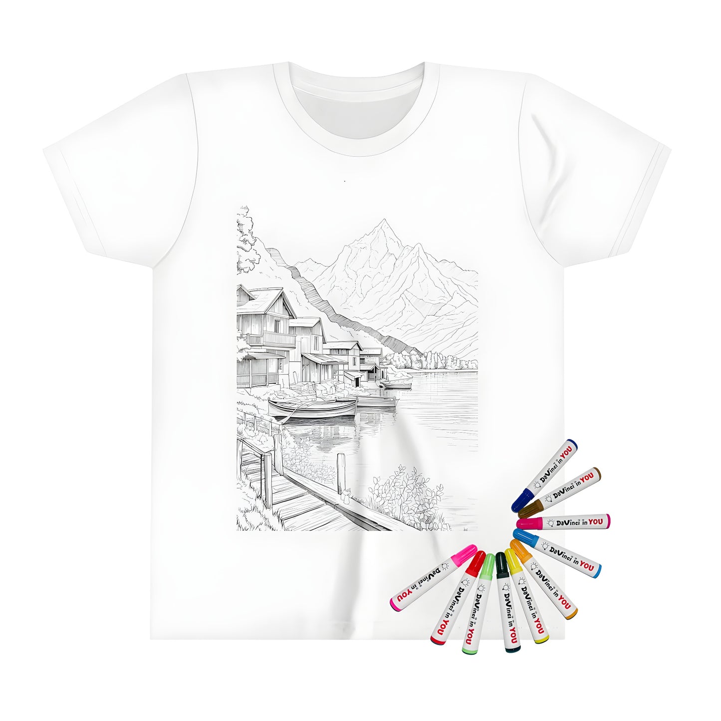 Colorful Kid's T-shirt featuring an enchanting lake scene with boats and houses