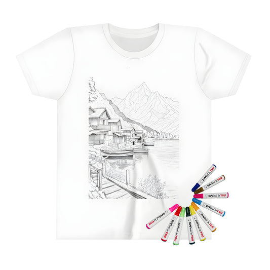 Colorful Kid's T-shirt featuring an enchanting lake scene with boats and houses