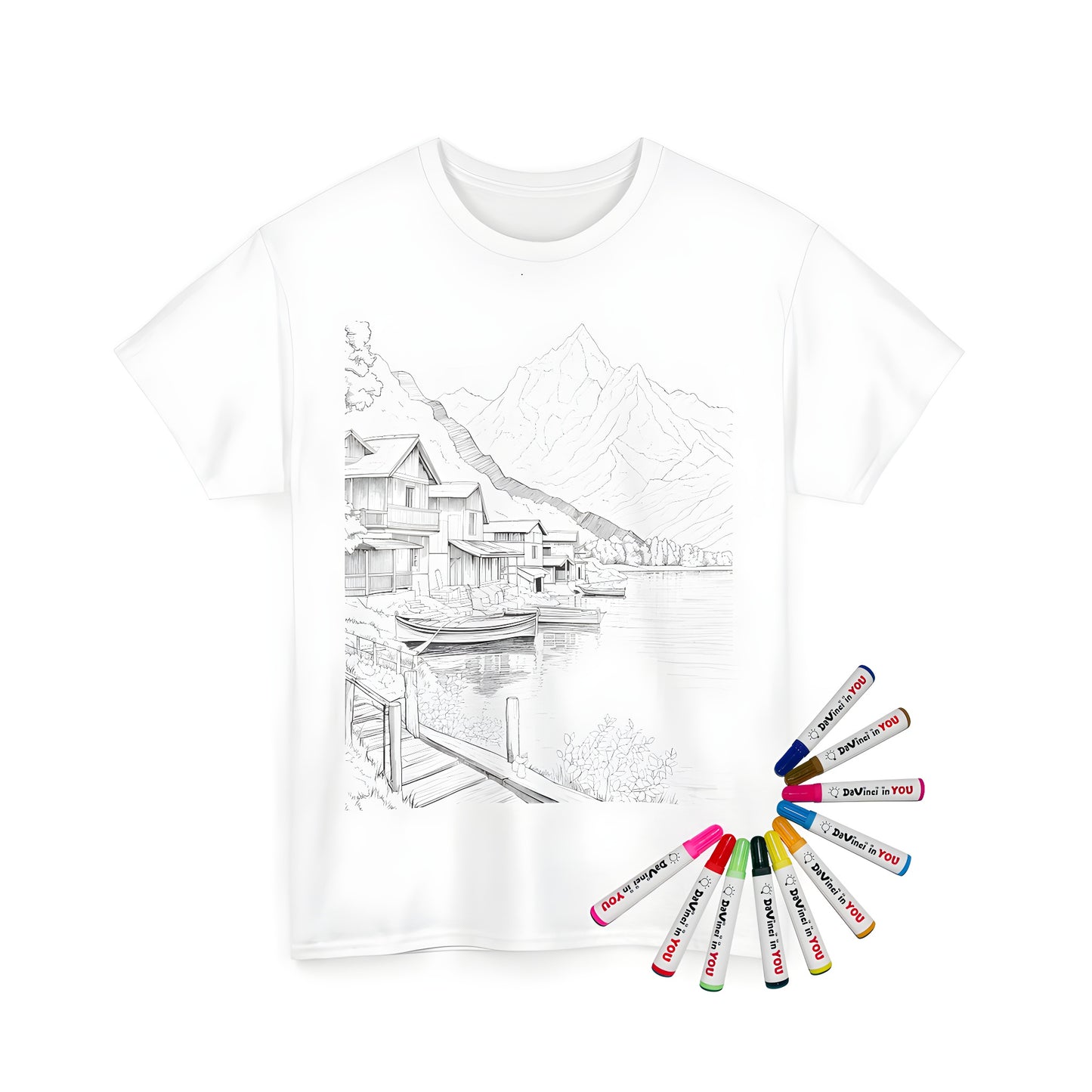 Unisex t-shirt featuring a serene lake landscape with boats, docks, and distant mountains - perfect for relaxation and fun