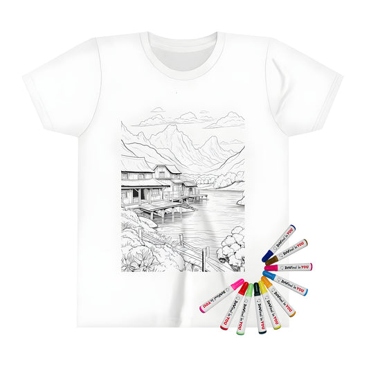 Kid's colorful t-shirt featuring a serene mountain landscape