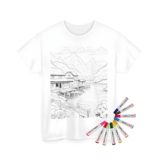 Coloring kit for unisex t-shirt with mountain scenery design featuring wooden houses by a calm lake and majestic mountains