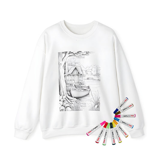 Adult sweatshirt with lakeside cabin illustration, boat on shore, surrounded by trees and natural scenery. A creative adult coloring kit accessory.