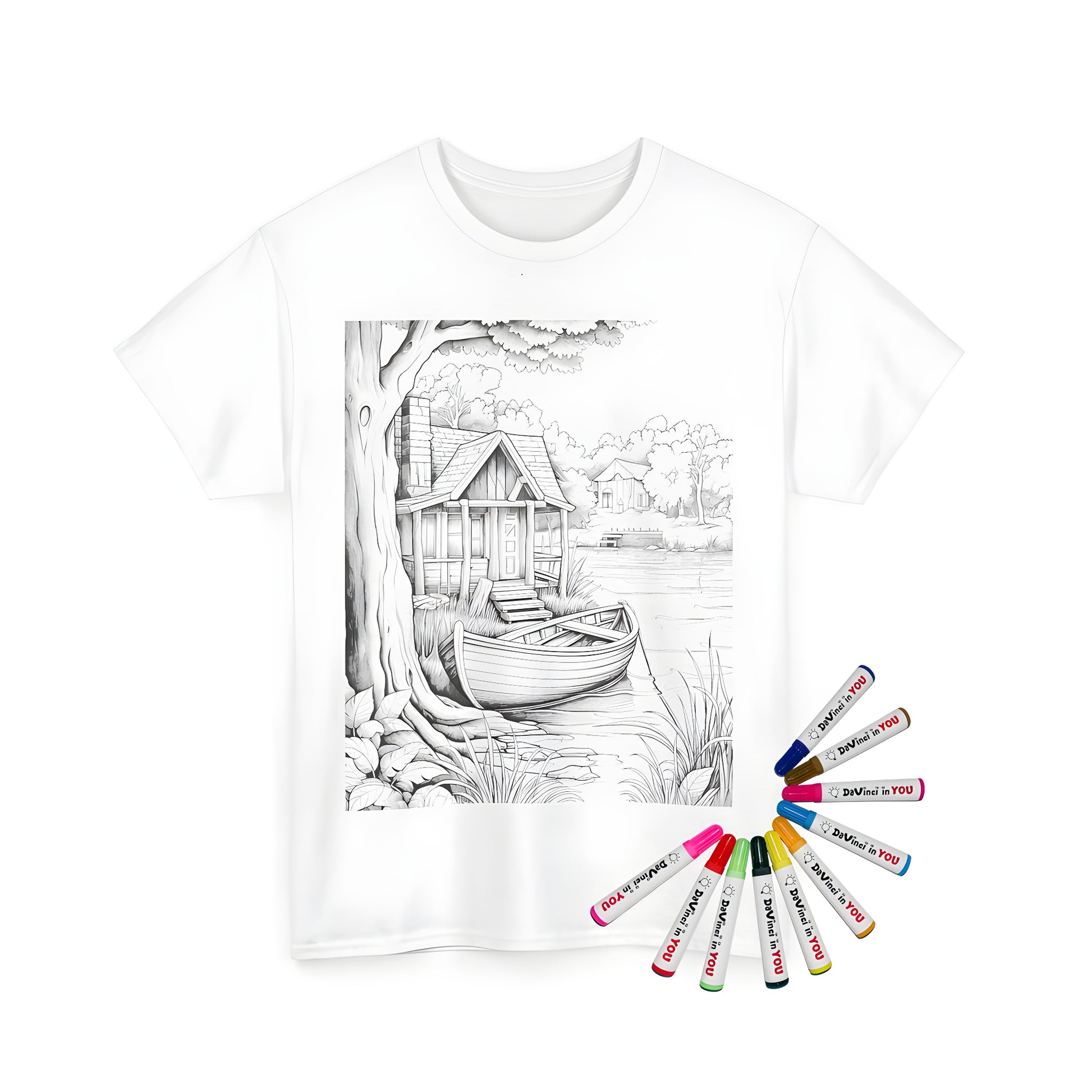 Lakeside cabin themed unisex t-shirt with coloring page design and fabric markers