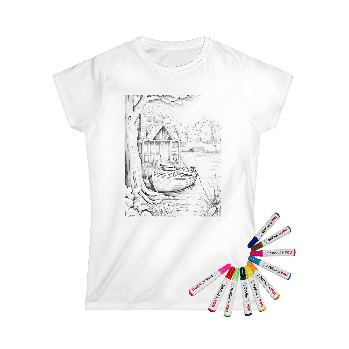 Women's t-shirt featuring an artistic lakeside cabin illustration with boat and trees