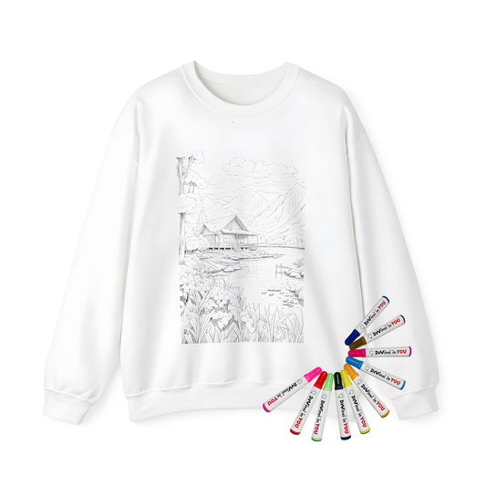 Adult sweatshirt featuring a whimsical black and white drawing of a serene lake cabin scene, surrounded by lush green trees, vibrant flowers, and majestic mountains