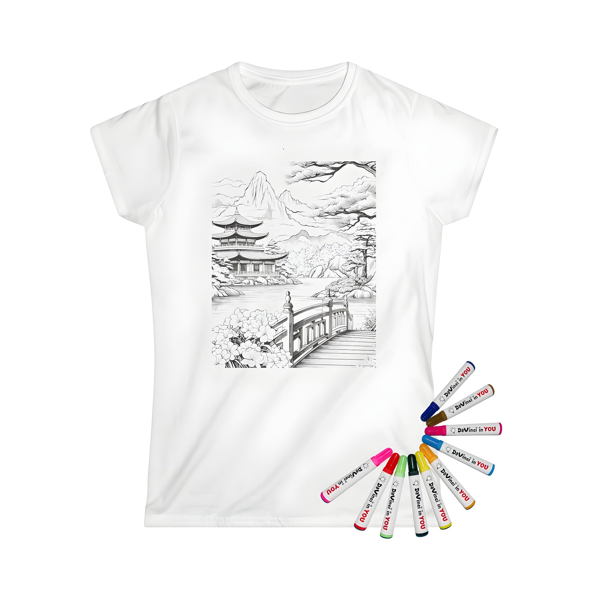 Japanese garden-inspired Women's T-shirt for adult coloring enthusiasts