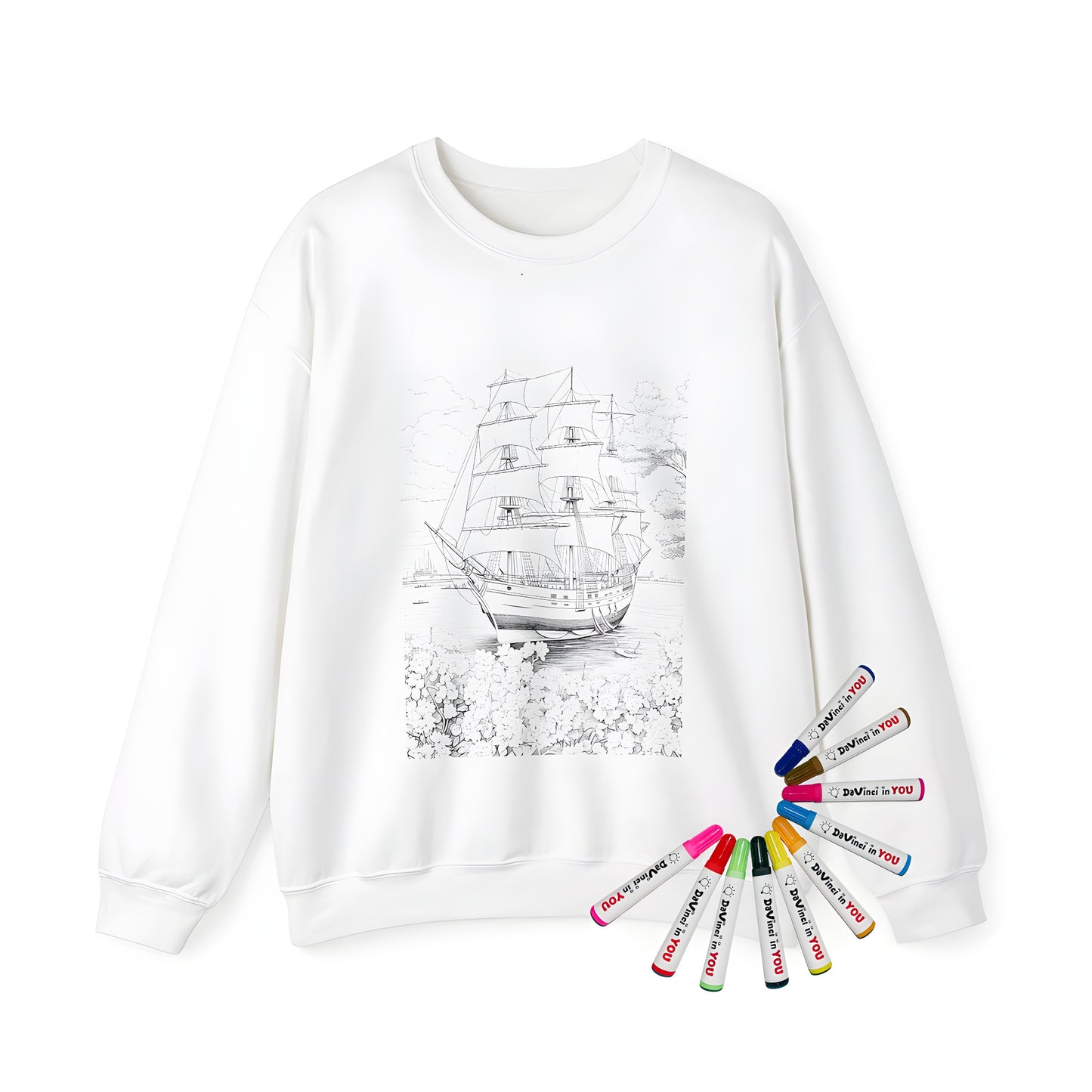 Adult sweatshirt with colorful sailing vessel, boat, or ship design on the front