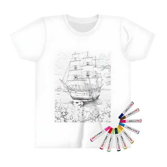 Coloring kit kid's t-shirt with sailboat shipyard vessel illustration on white tee for kids