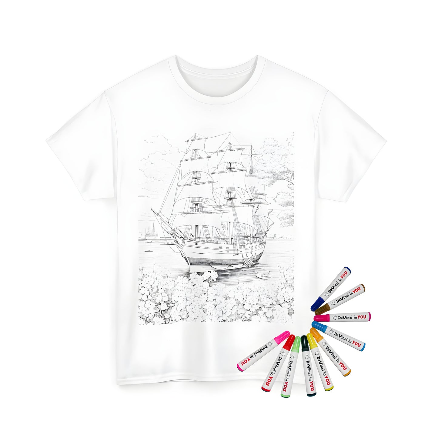 Unisex t-shirt featuring a detailed black-and-white line art sailing vessel, ship, or boat on the ocean, surrounded by colorful flowers, trees, and fluffy white clouds