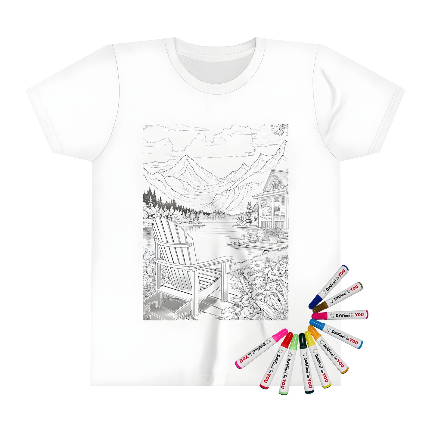 Kid's coloring t-shirt featuring a serene mountain scene with cabin, chair, lake, and mountains