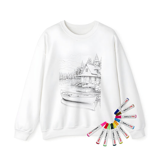 Adult sweatshirt featuring a detailed lakeside scene with cabin, boat on water, surrounded by trees and mountains