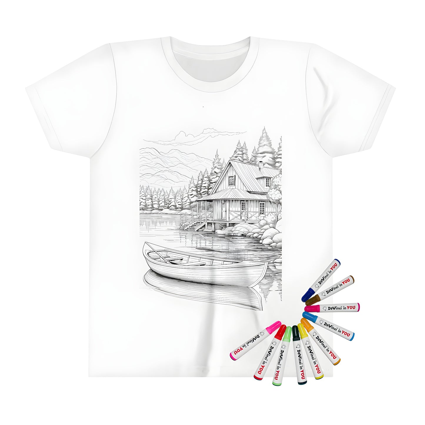 Lakeside cabin themed kid's t-shirt for boys and girls with colorful fabric markers