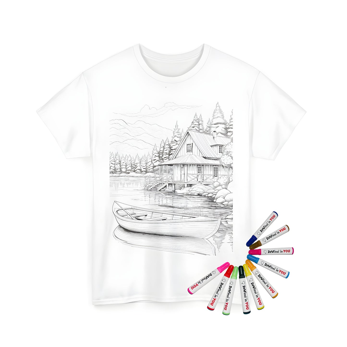 Cozy lakeside cabin scene artwork on unisex t-shirt