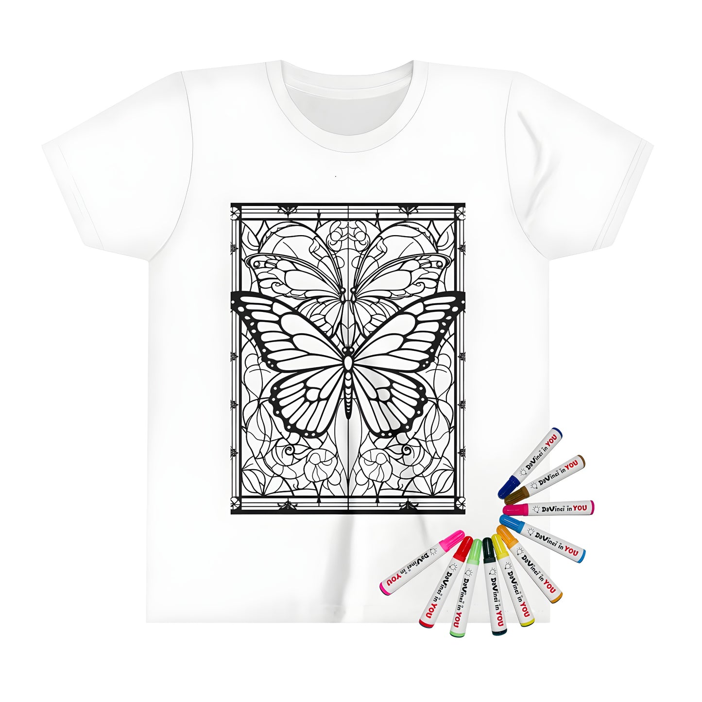 Stained glass butterfly t-shirt, colorful stained glass art shirt, intricate stained glass design tee, stained glass coloring page kid's shirt, kids' apparel with stained glass butterflies, fun stained glass art for kids