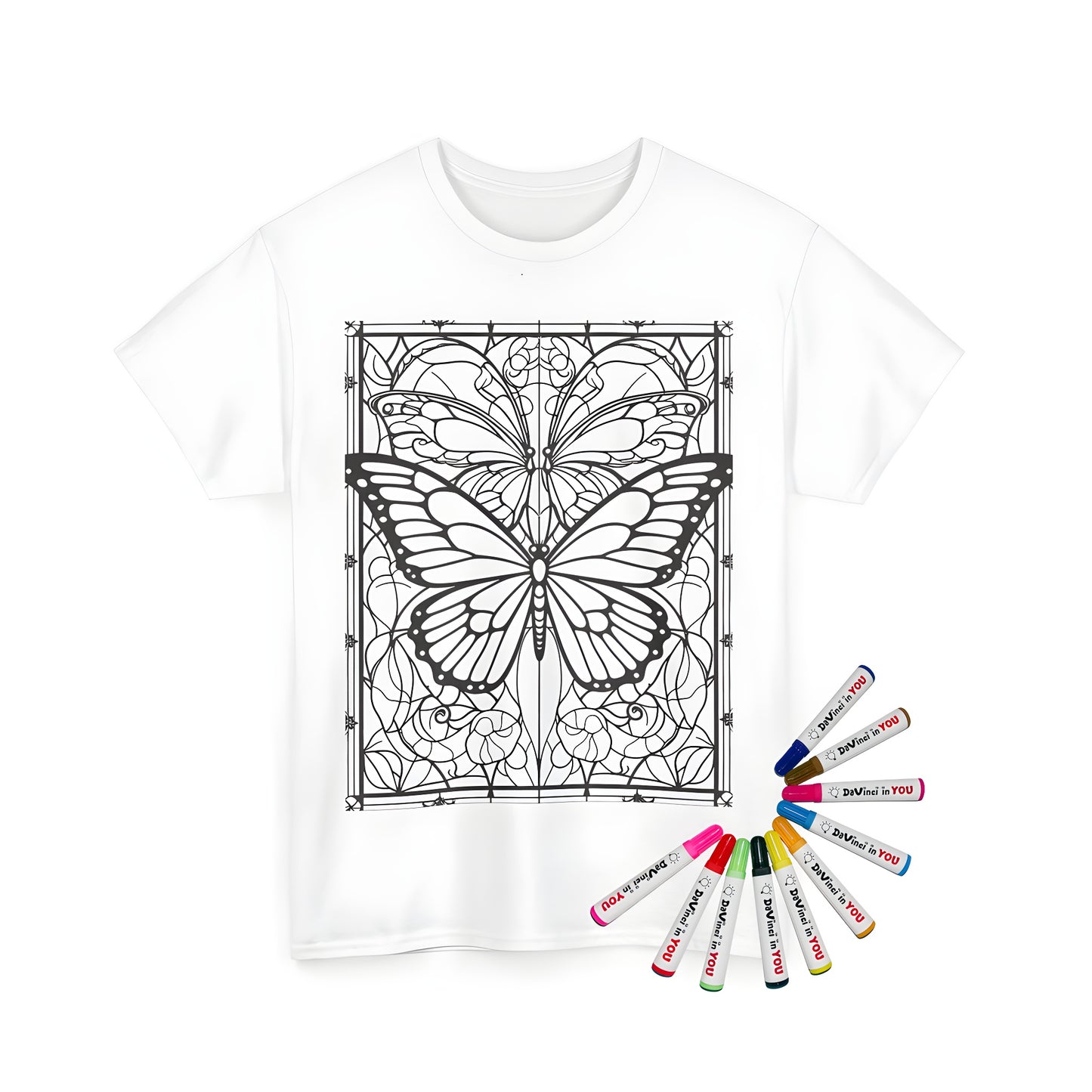 Intricate stained glass butterfly design on a unisex t-shirt for coloring