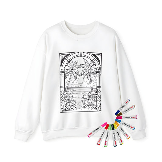 Adult sweatshirt with colorful tropical island scenery print