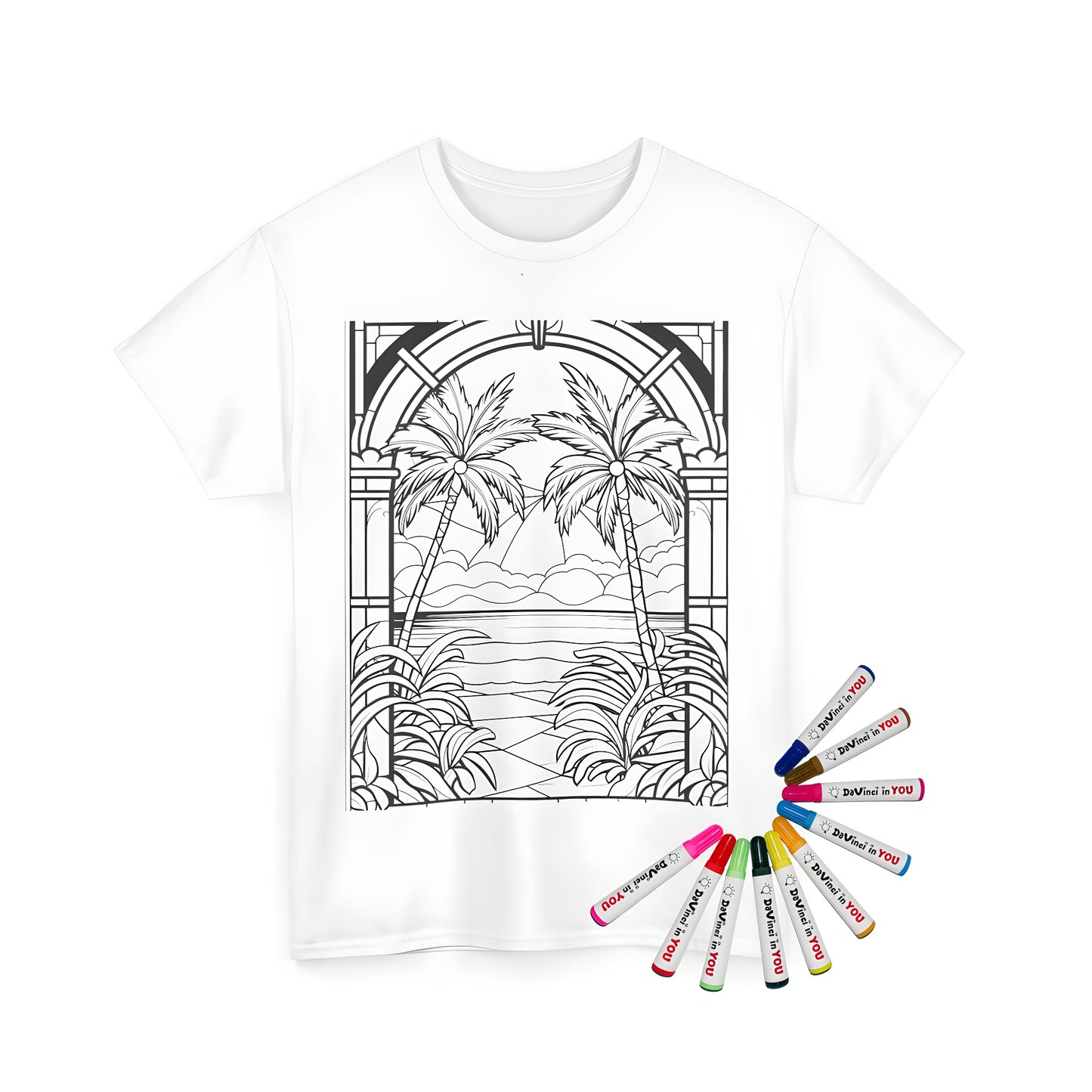 Coloring kit unisex t-shirt featuring palm trees on beach